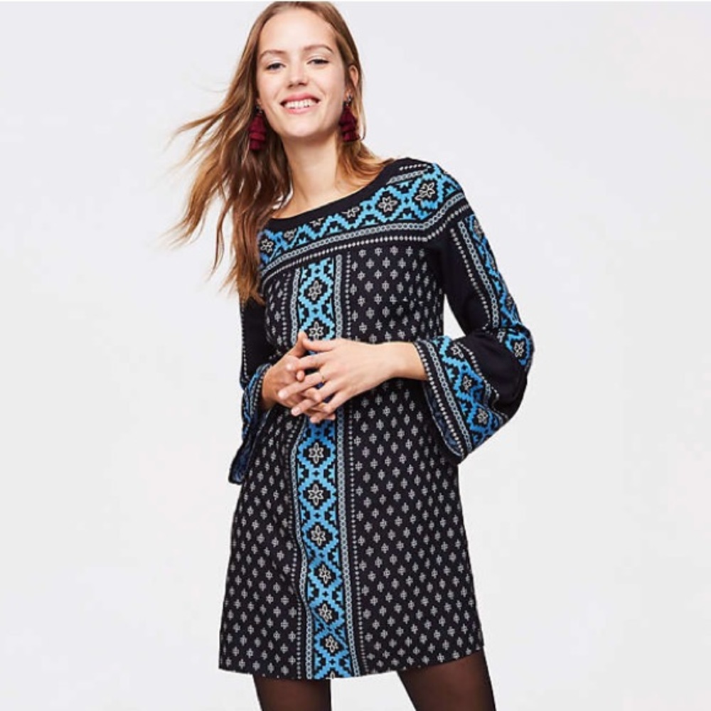 Loft Petite Mosaic Bell Sleeve Dress